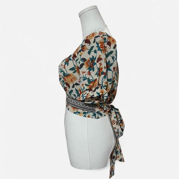 Milk & Honey Ivory, Teal & Orange Boho Floral On or Off the Shoulder Crop Top XS - Picture 4 of 6